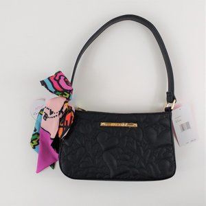Betsey Johnson Black Quilted Hearts Crossbody with Scarf